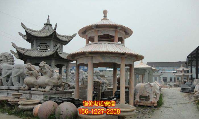 涼亭雕塑-仿古建圓頂雙層景區擺放涼亭花崗巖石雕