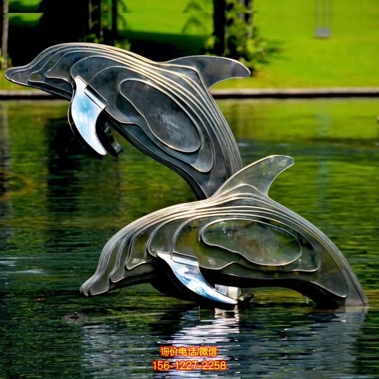 不銹鋼海豚雕塑，池塘水景抽象海豚景觀動物雕塑