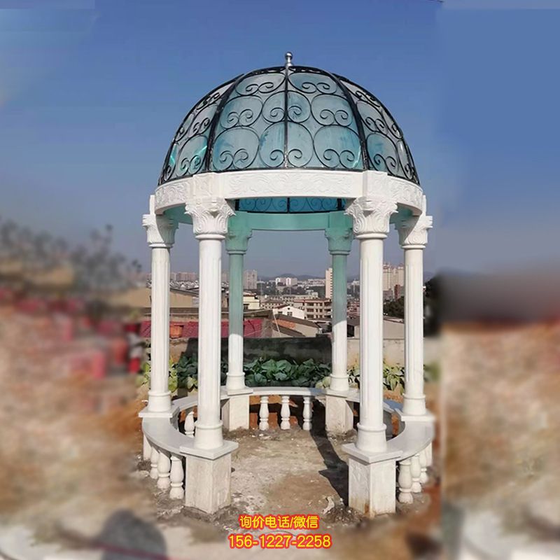 別墅陽臺(tái)擺放圓形羅馬柱大理石涼亭雕塑