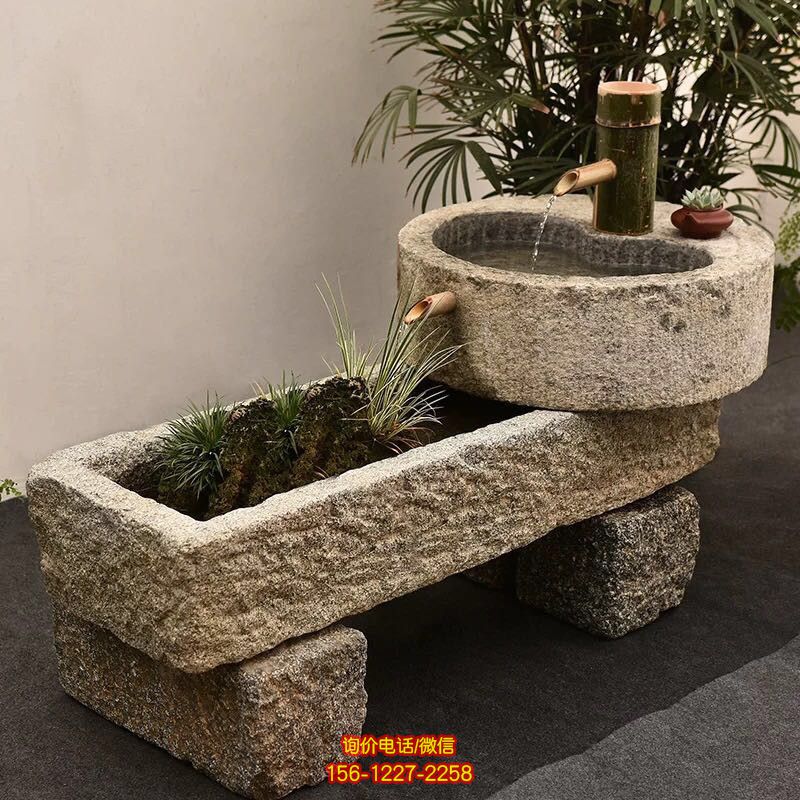舊石槽老石缸青石石槽魚缸石頭花盆陽臺水景竹子流水圓形養荷花池