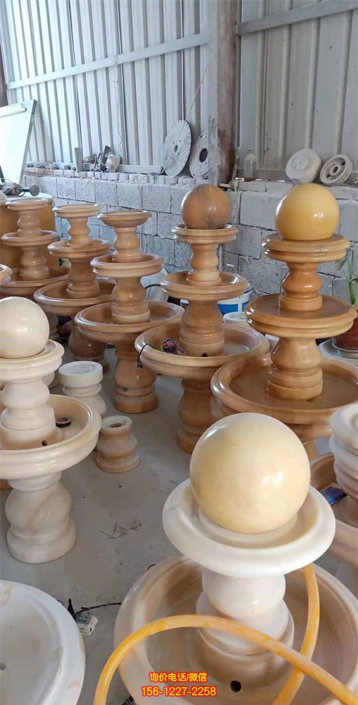 別墅室內晚霞紅雙層風水球噴泉石雕